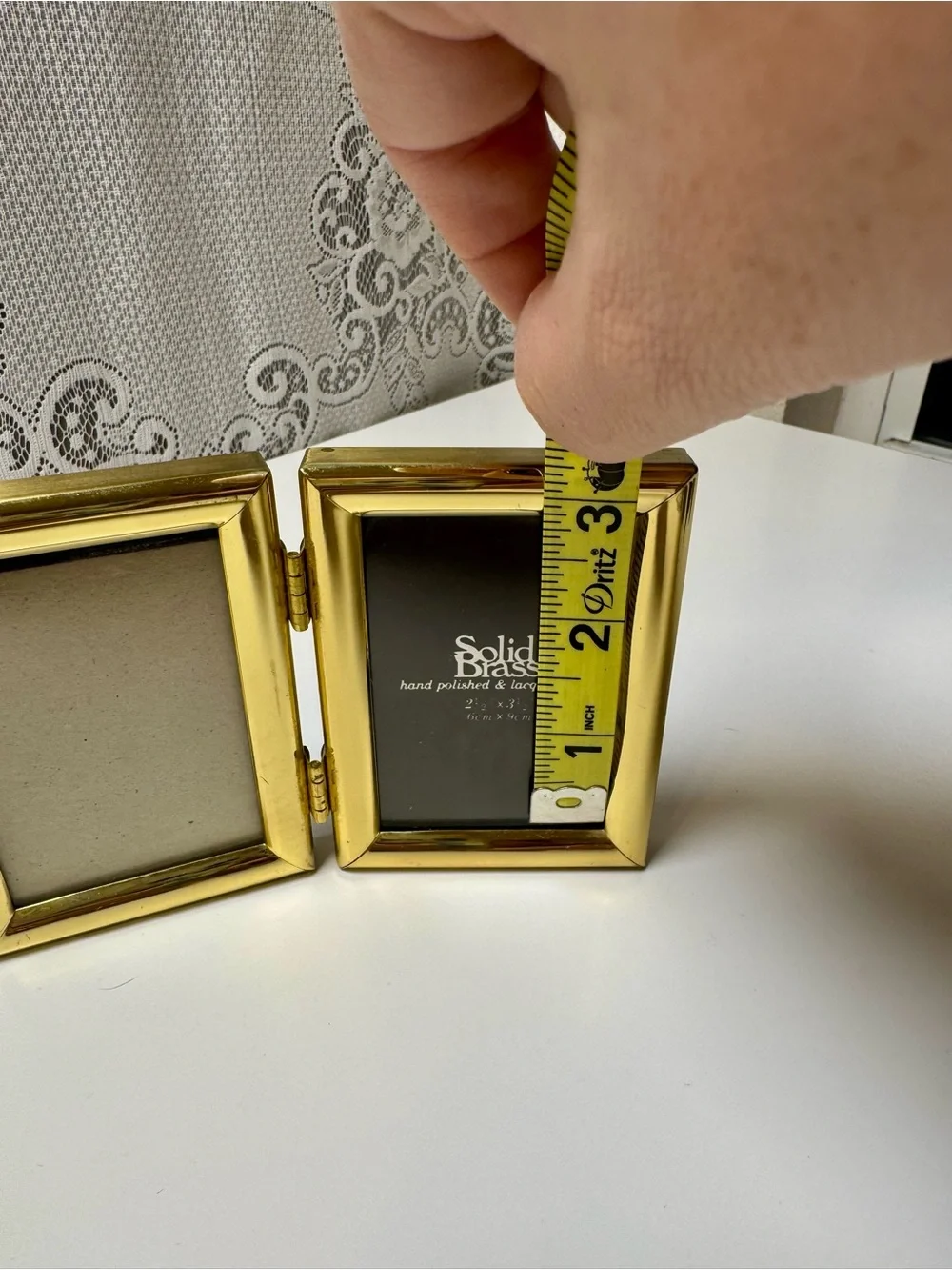 Vintage Gold Colored Solid Brass Double Hinged Picture Frame. Each is 2”x3”.